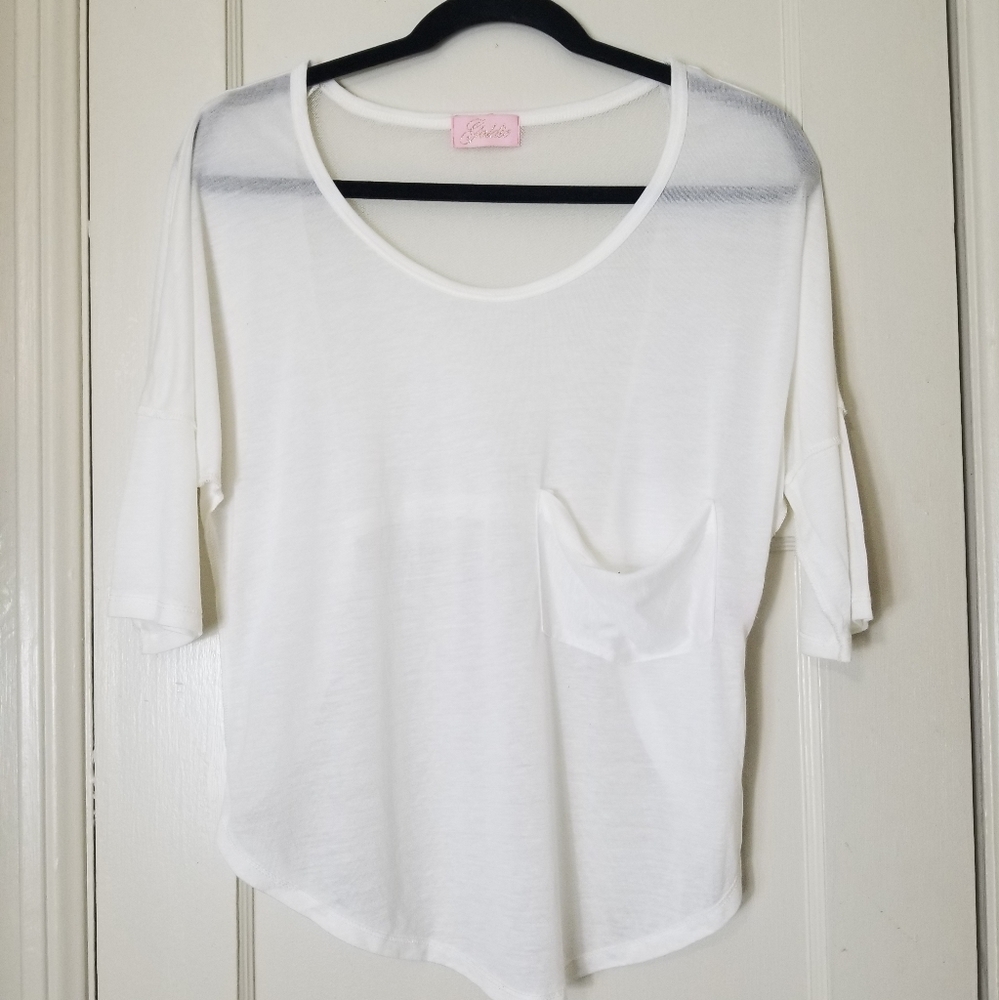 GOLDIE cream 3/4 sleeve semi sheer cutout back rounded bottom top small S